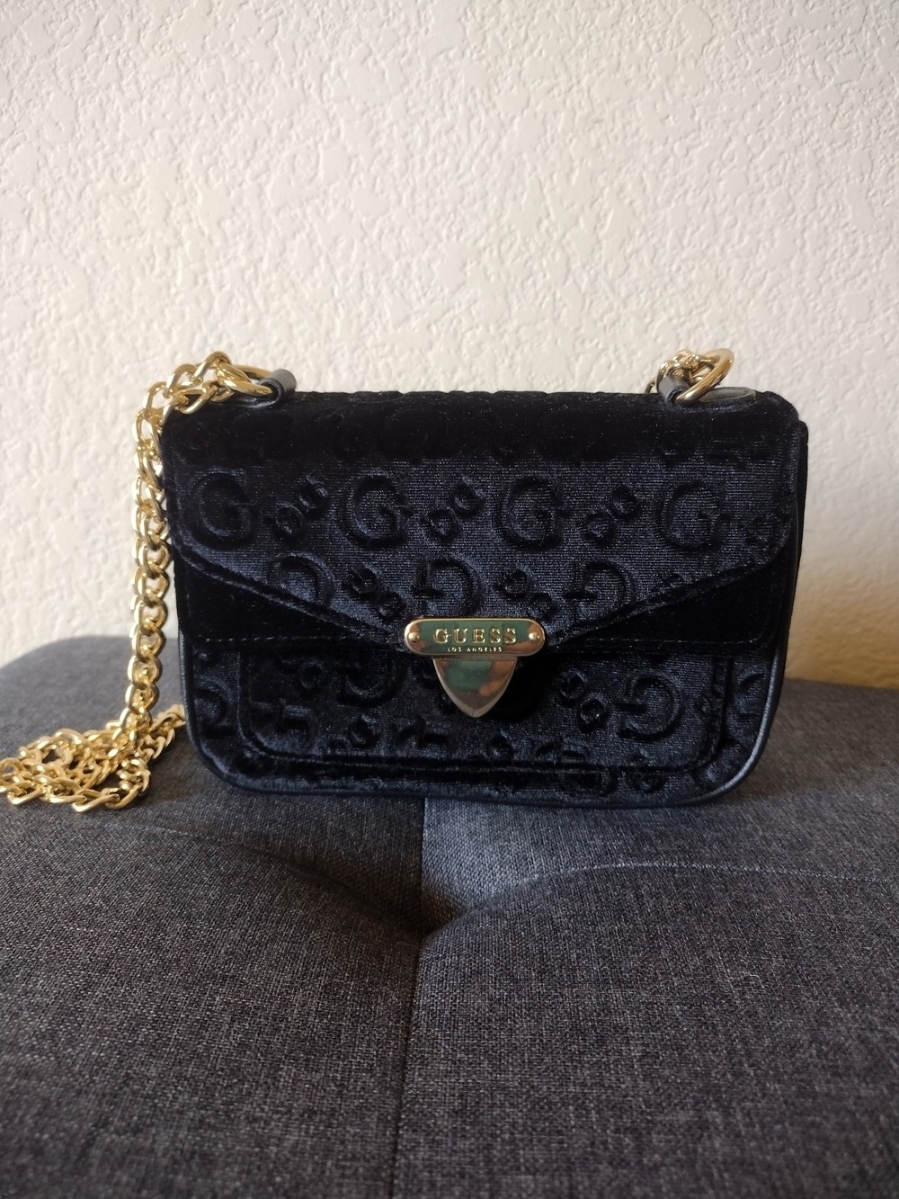 GUESS Black Velvet Logo Chain Crossbody Bag
